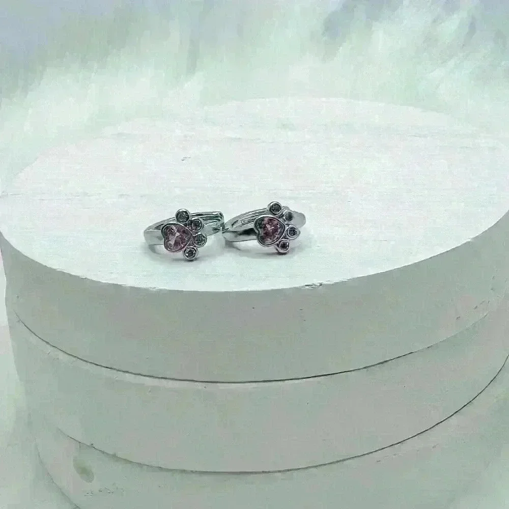 Paw Print Zircon Hoop Earrings in Pink